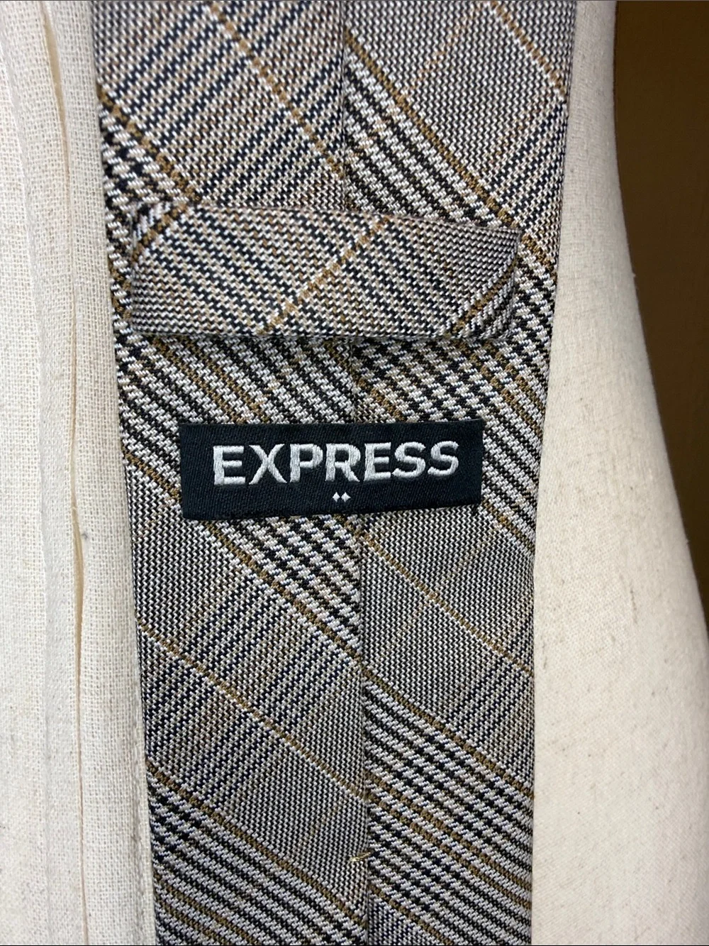 Express Men's Tie Gray Tan Black Glen Plaid Check Narrow Minimalist Corporate